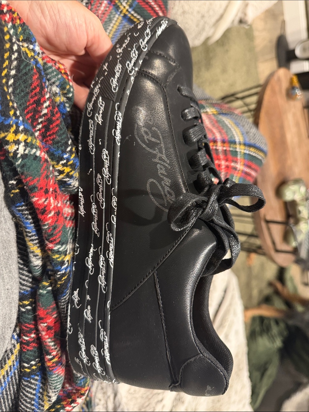 Ed Hardy Black Leather Script-Trim Lace-Up Sneakers